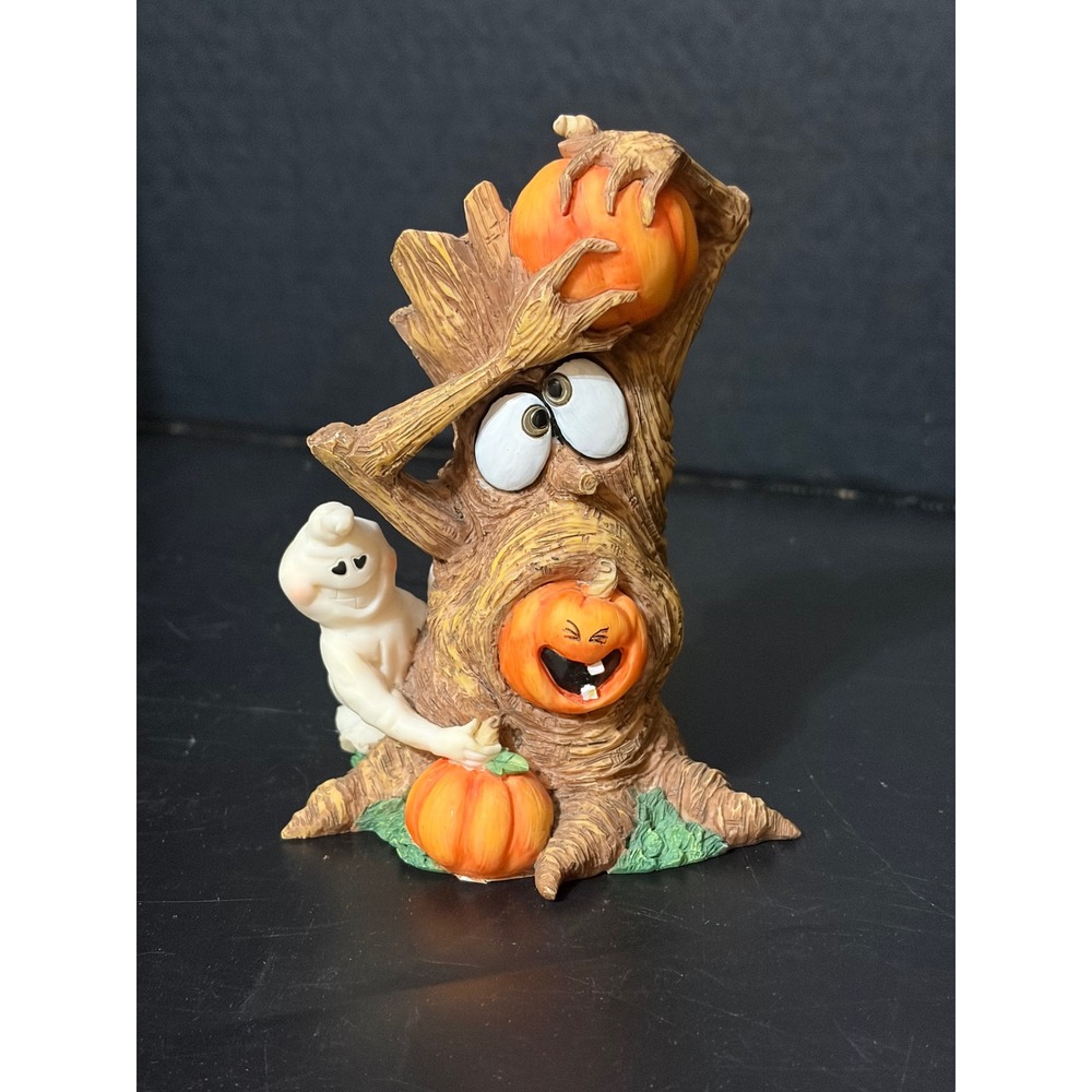 Vintage 1998 Spooky Hollow Haunted Tree Ghost & Pumpkin Halloween Figurine Décor